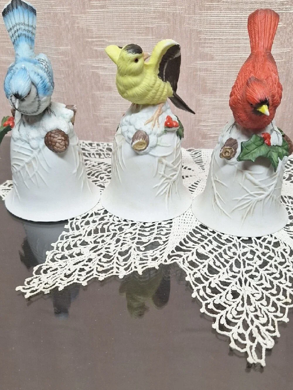 Ceramic Bird Bell Set - Blue, Yellow, Red Decorative Perches
